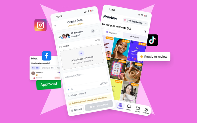 Sked Social mobile app screens showing a create post form and a grid preview of draft posts