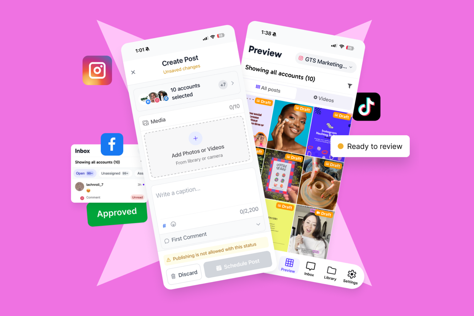 Pantallas de la app móvil Sked Social en las que se ve un formulario para crear publicaciones y una vista previa en cuadrícula de los borradores de las publicaciones