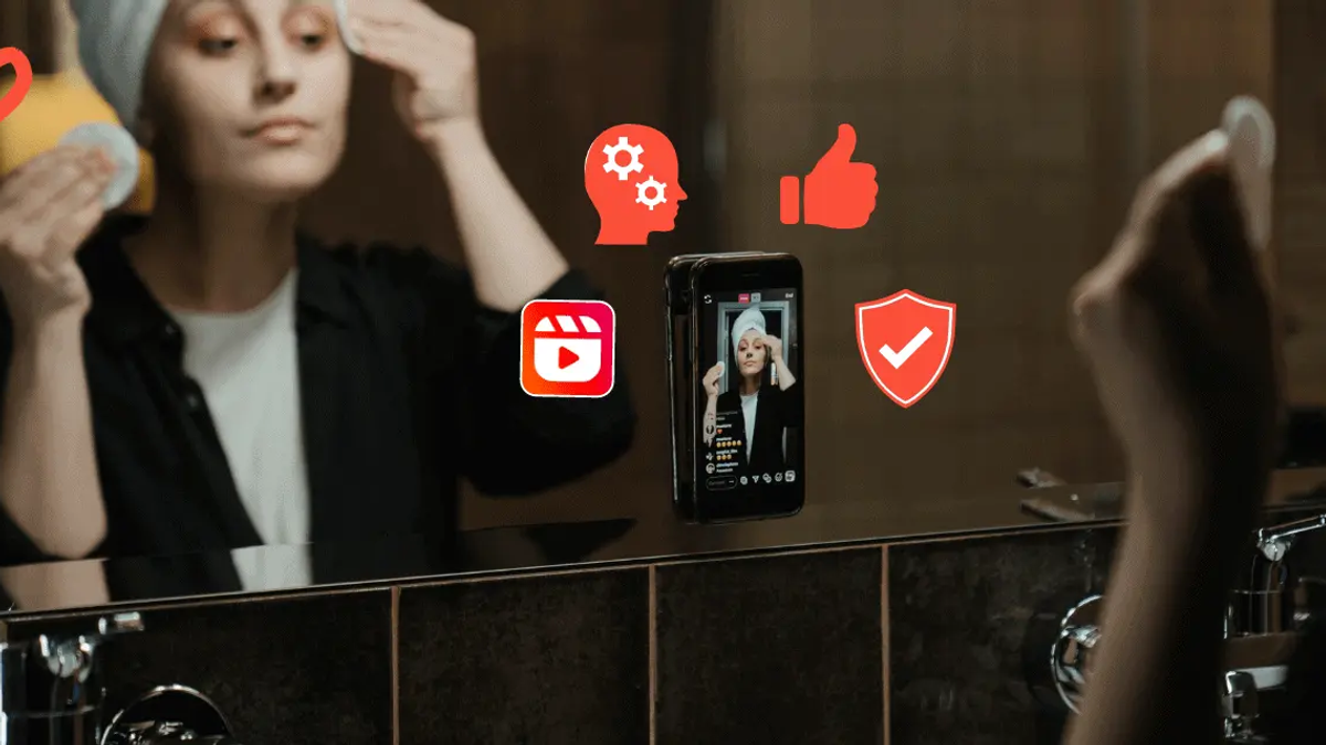 Woman in a white towel and black shirt looks in a mirror, holding a cotton pad. A phone shows a woman on screen. Instagram Reels, brain, thumbs up, and shield