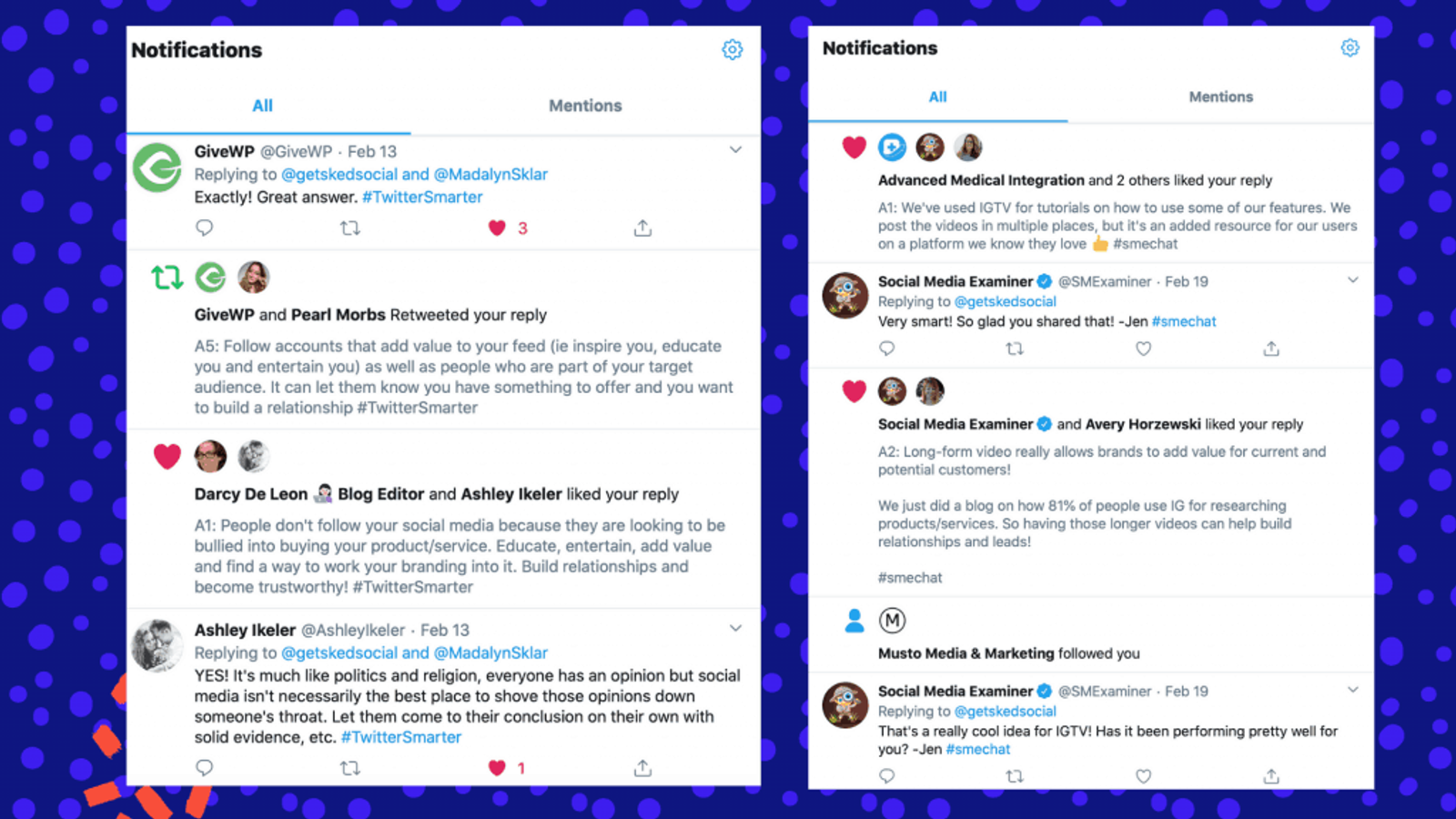 Twitter notifications feed showing likes, retweets and replies from Twitter chat conversations.