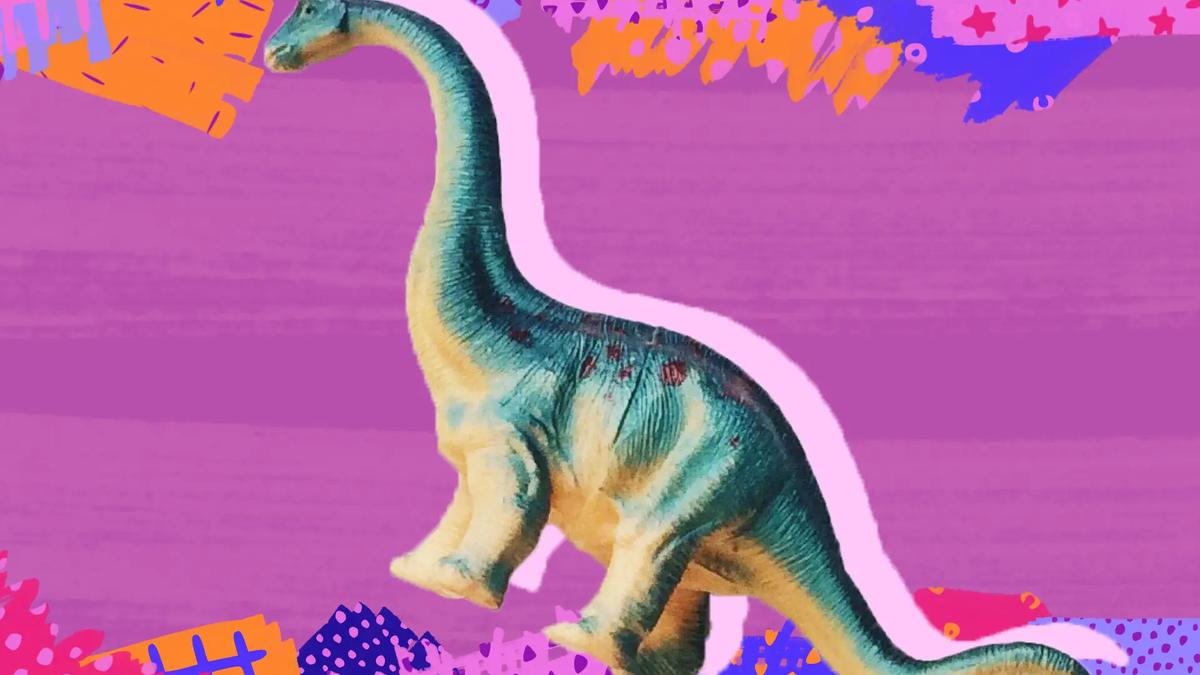 Toy brachiosaurus with a light pink outline on a purple background with colorful abstract shapes and patterns