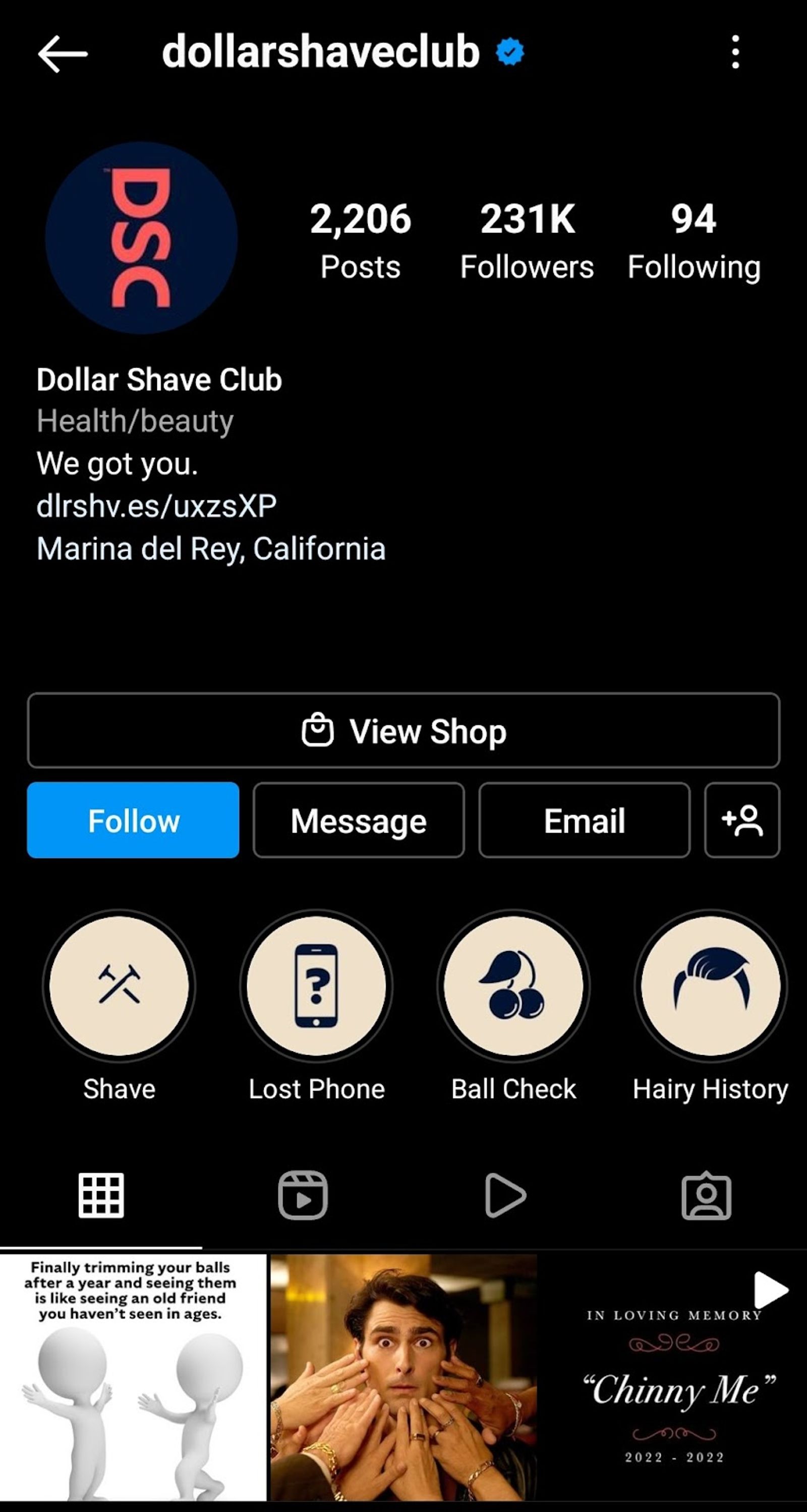 Perfil de Instagram de Dollar Shave Club con portadas de destacados ilustradas sobre fondo negro.