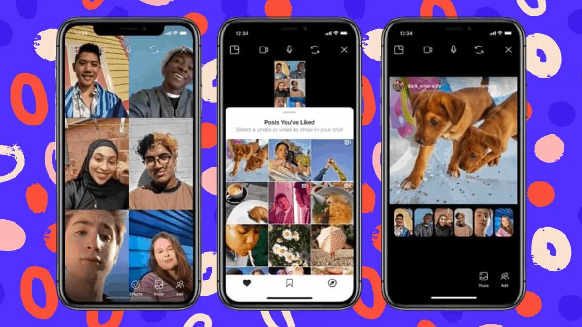 Three phone screens showing an Instagram group video call and shared photos in chat