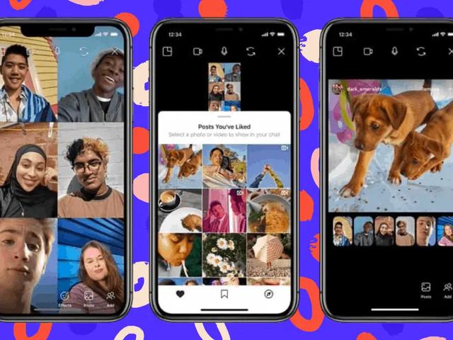 Tres pantallas de teléfono con una videollamada grupal de Instagram y fotos compartidas en el chat