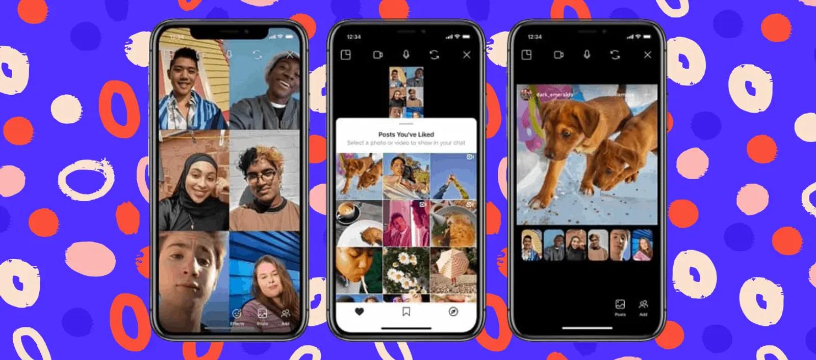 Tres pantallas de teléfono con una videollamada grupal de Instagram y fotos compartidas en el chat