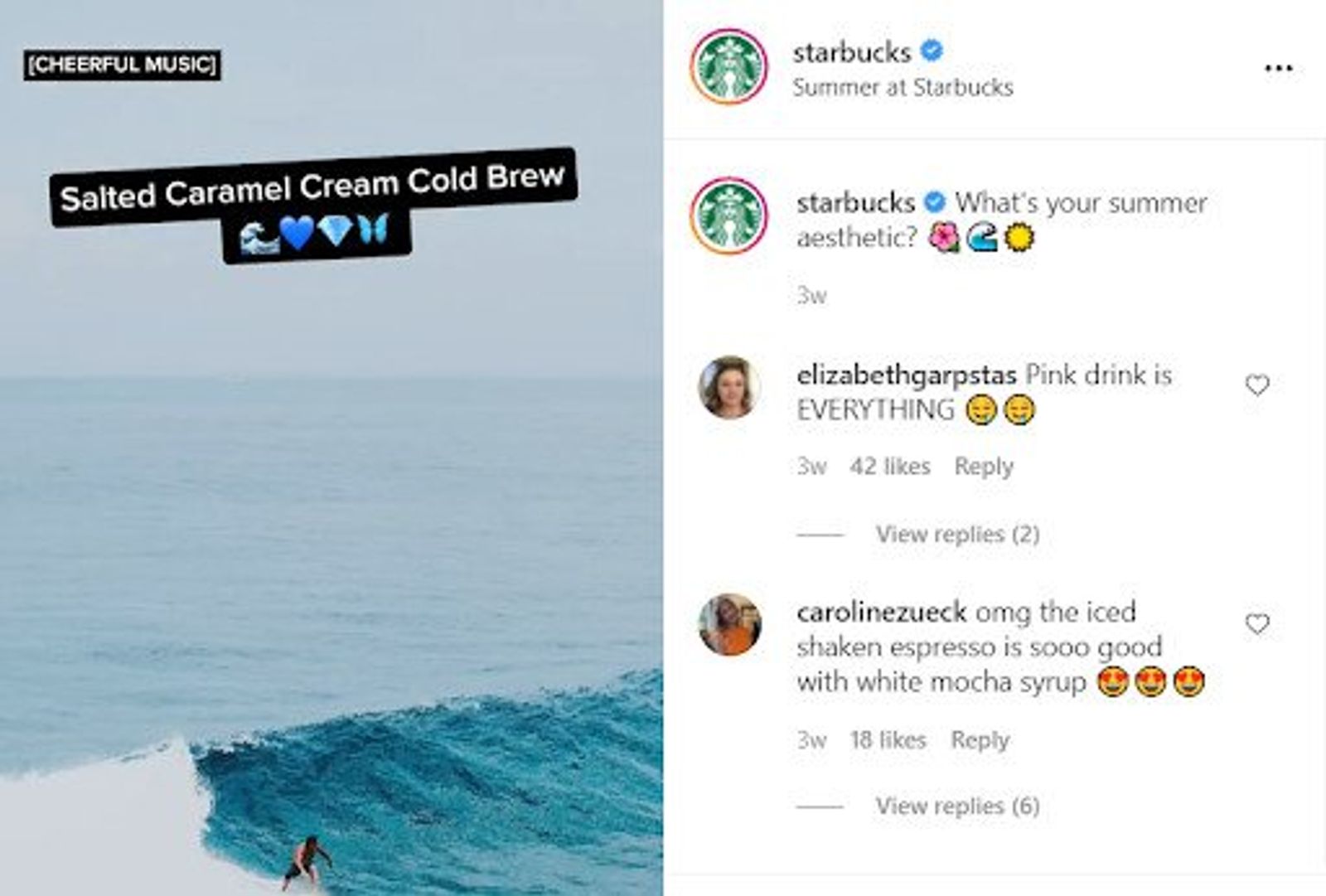 Publicación de Starbucks en Instagram con video del océano y comentarios sobre su estética de verano.