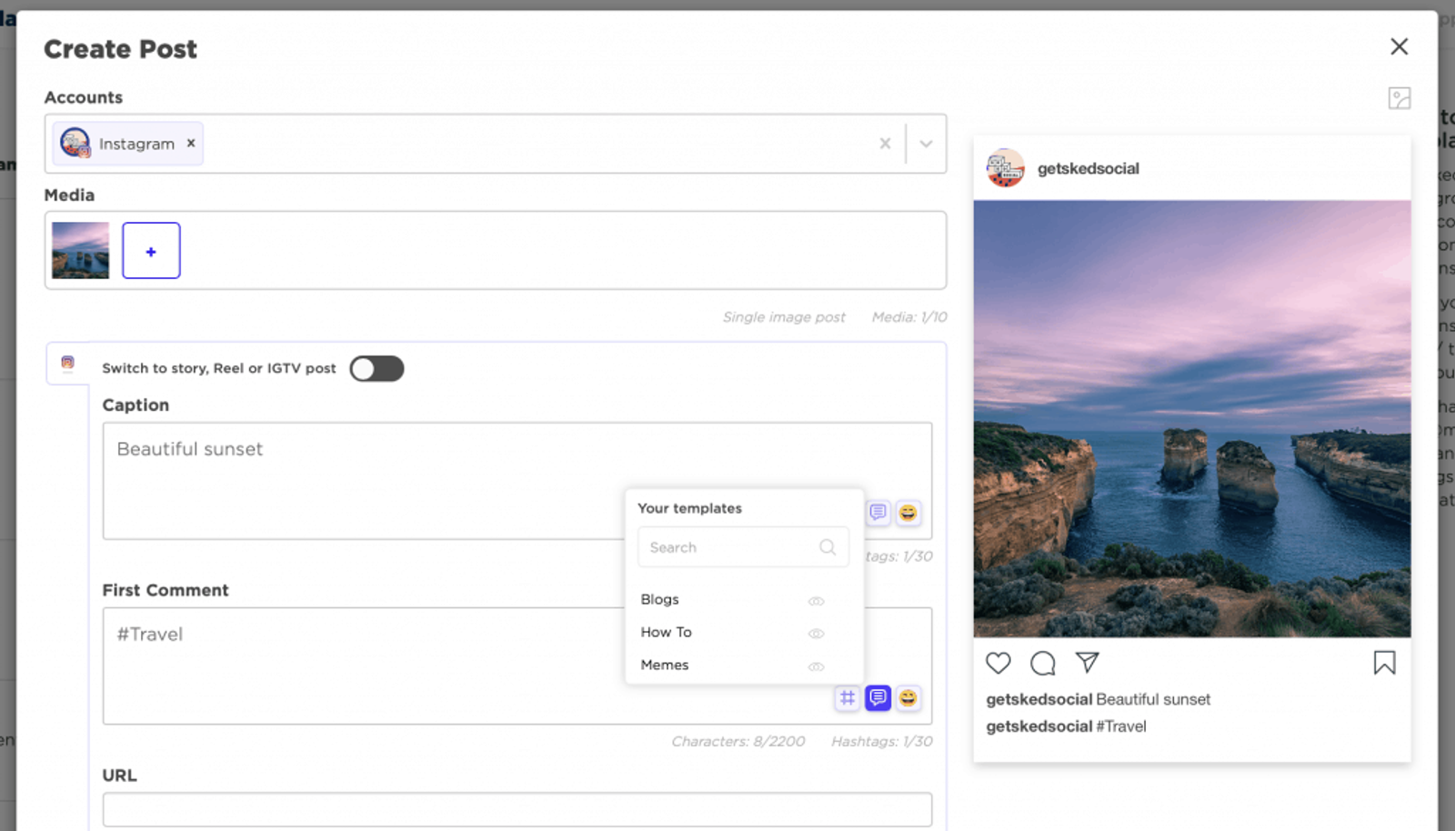 Ventana de creacion de publicacion en Sked Social con leyenda, primer comentario y vista previa de Instagram.