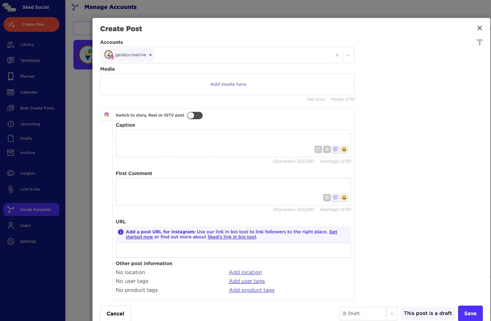 Sked Social create post window with account, media, caption, and story toggle fields.