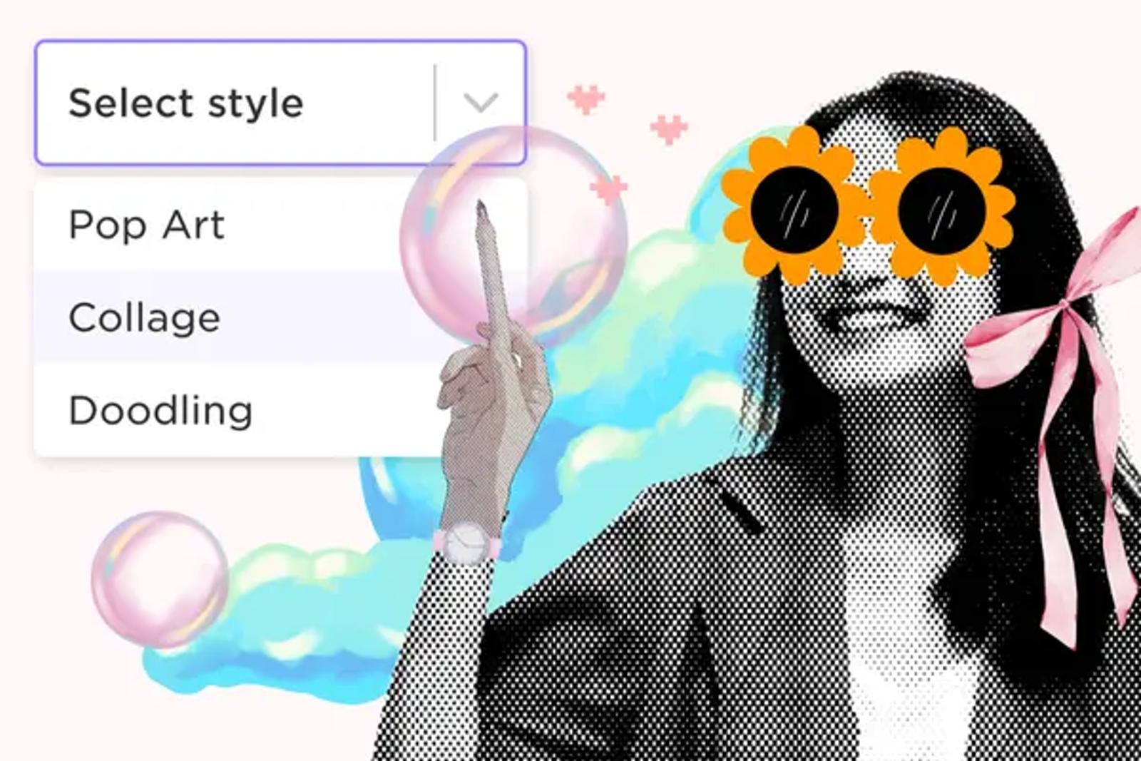 Collage de una mujer con gafas en forma de flores junto a un menu desplegable con opciones de estilo de imagen