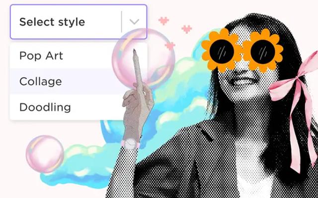 Collage de una mujer con gafas en forma de flores junto a un menu desplegable con opciones de estilo de imagen
