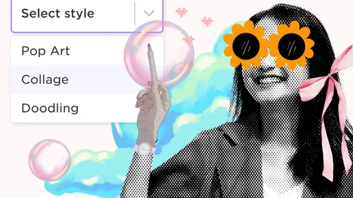 Collage de una mujer con gafas en forma de flores junto a un menu desplegable con opciones de estilo de imagen