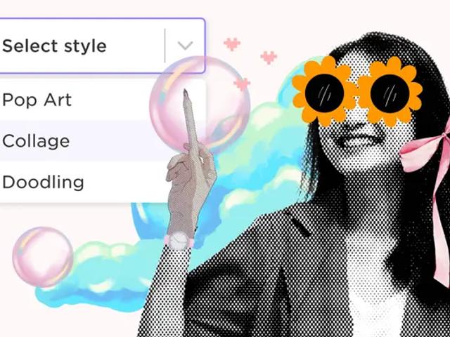 Collage de una mujer con gafas en forma de flores junto a un menu desplegable con opciones de estilo de imagen