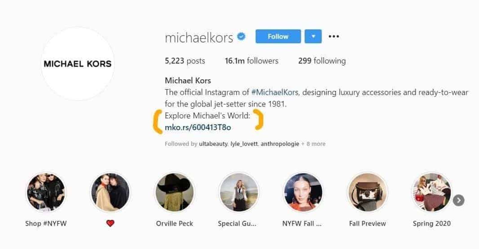 Michael Kors Instagram profile with bio link highlighted and story highlight icons below