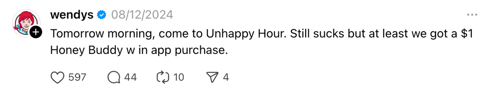 Publicación de Wendy's en Threads sobre una promoción 'Unhappy Hour', con me gusta, respuestas y reposteos debajo.