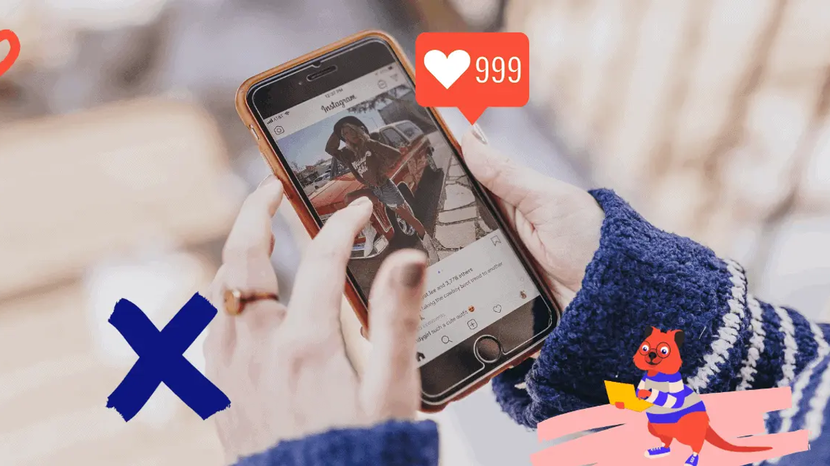 Hands holding a phone displaying an Instagram post, with a red heart icon and 999 likes. Abstract shapes and a cartoon quokka.