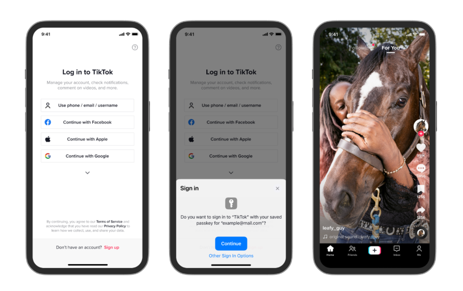 Pantalla de inicio de sesión de TikTok, aviso de clave de acceso y video en el feed Para ti con una persona y un caballo.
