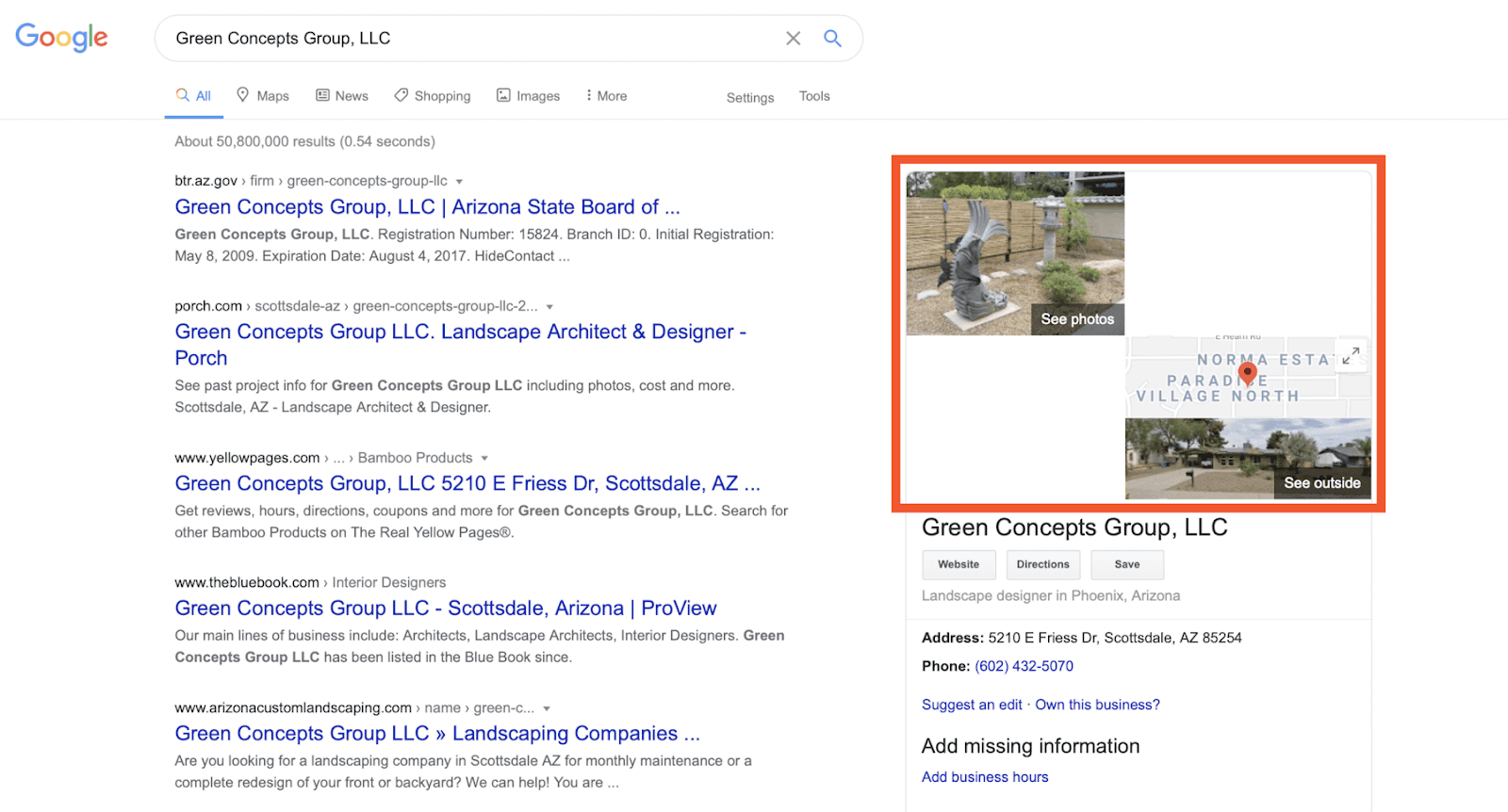 Resultados de búsqueda de Google con un panel de perfil de negocio que muestra fotos, mapa y datos de contacto.