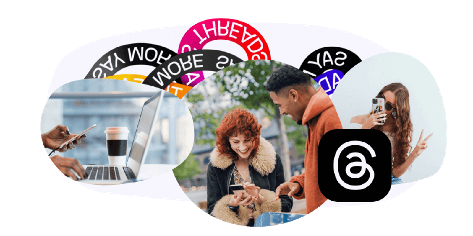 Collage con el logo de Threads, personas usando el móvil y un portátil con café