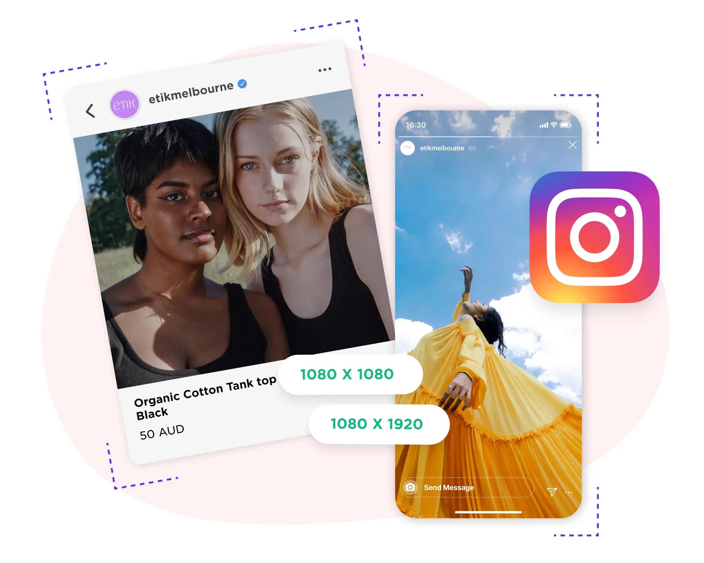 Instagram post and story mockups labeled with 1080x1080 and 1080x1920 pixel dimensions