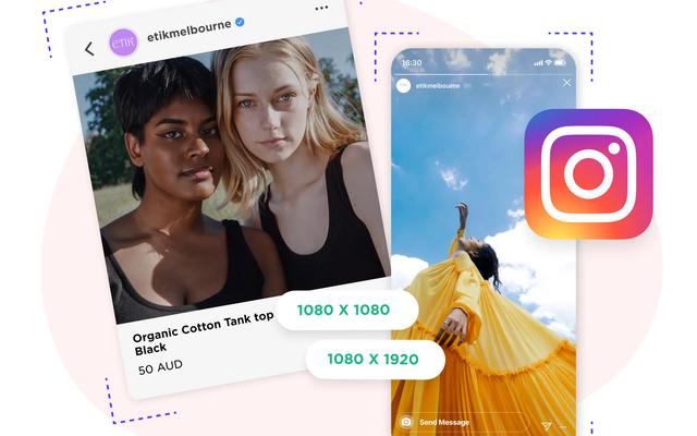 Ejemplos de publicación e historia de Instagram con las medidas 1080x1080 y 1080x1920 píxeles