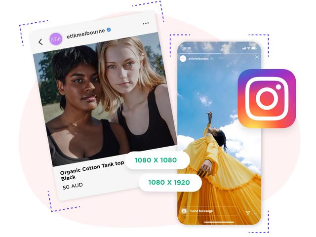 Ejemplos de publicación e historia de Instagram con las medidas 1080x1080 y 1080x1920 píxeles