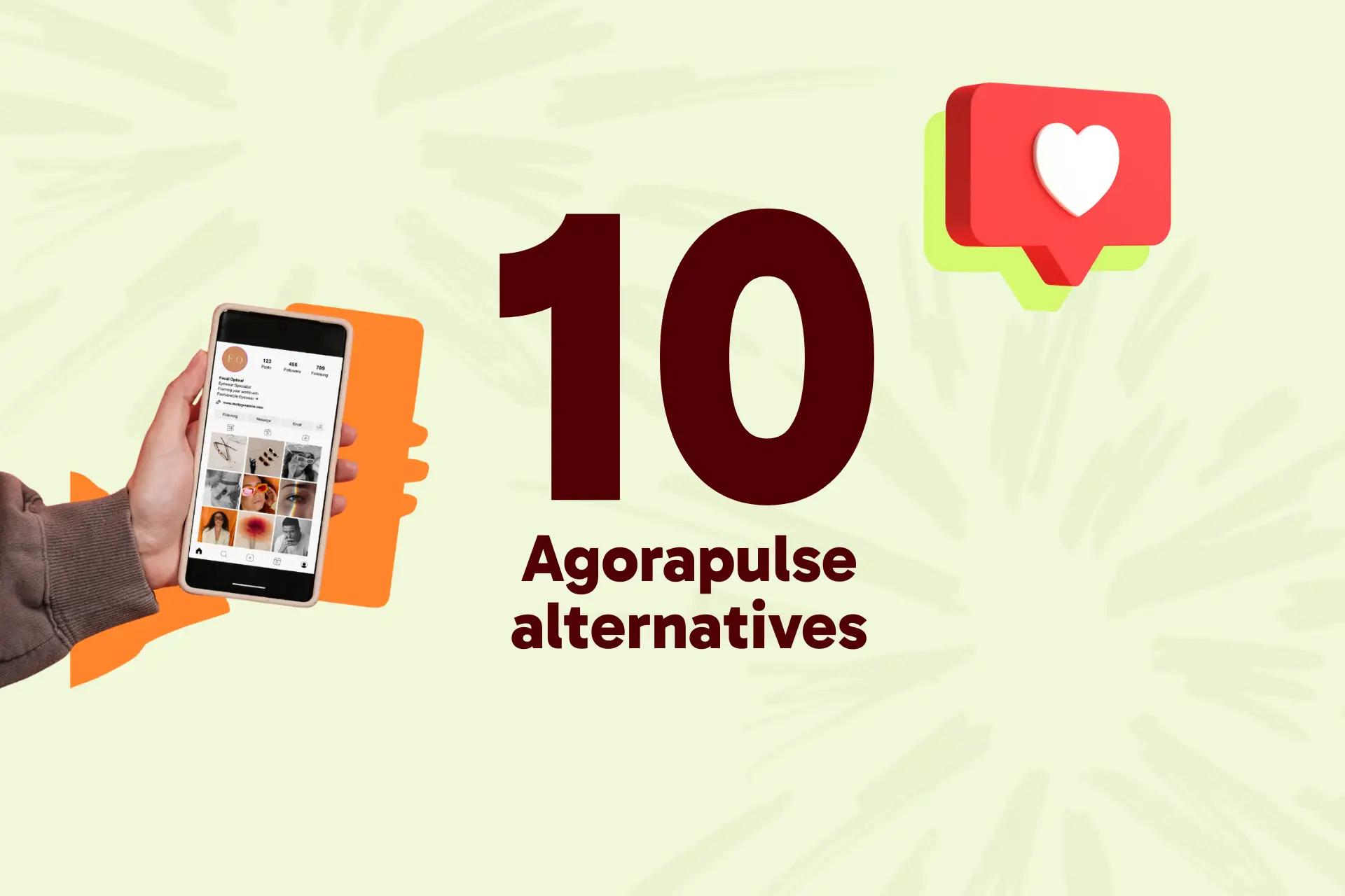 Hand holding a phone showing an Instagram grid, beside a heart notification icon and the number 10