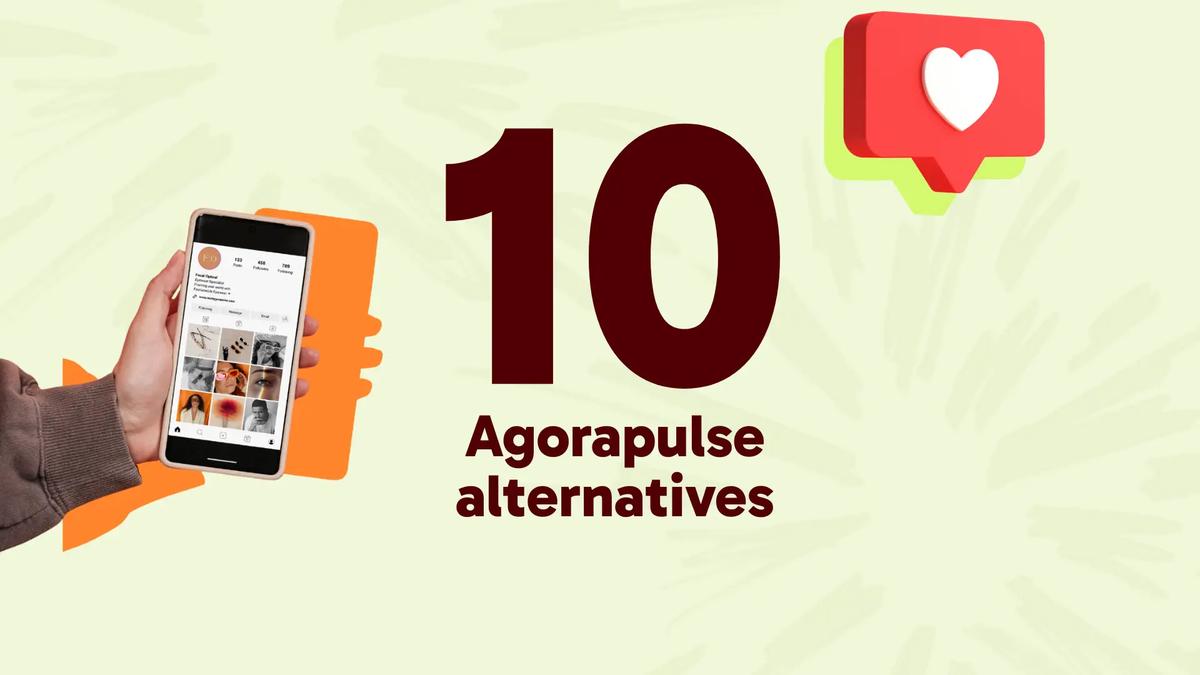Hand holding a phone showing an Instagram grid, beside a heart notification icon and the number 10