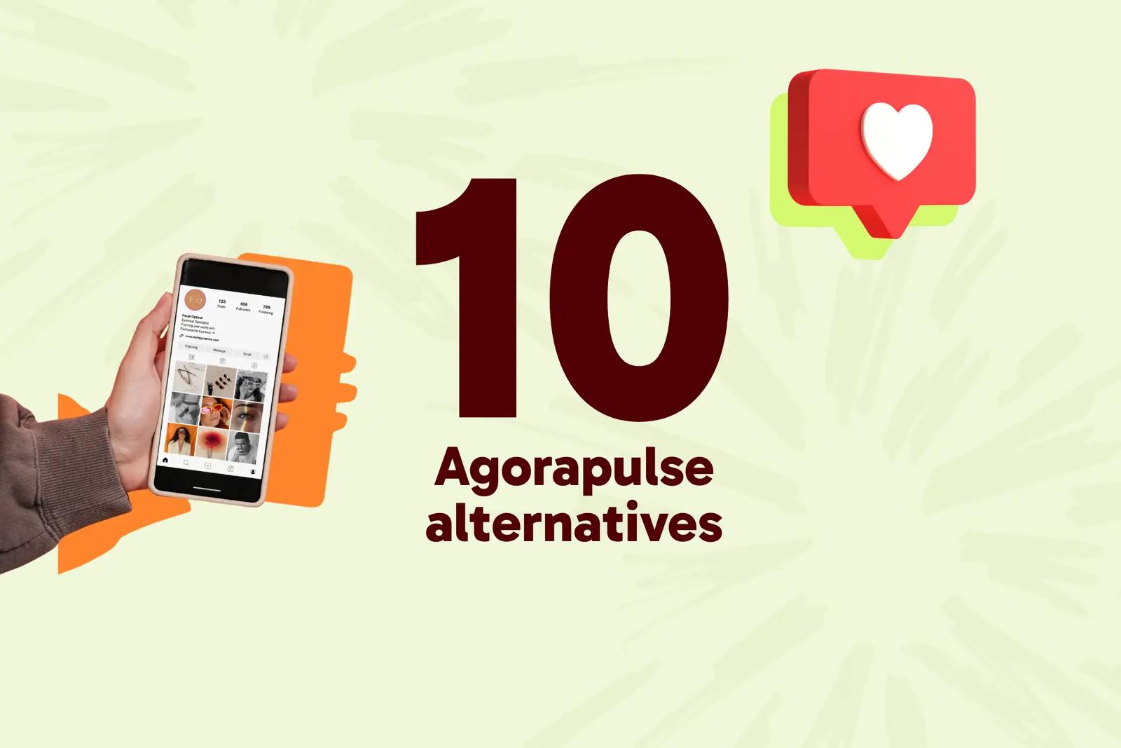 Hand holding a phone showing an Instagram grid, beside a heart notification icon and the number 10