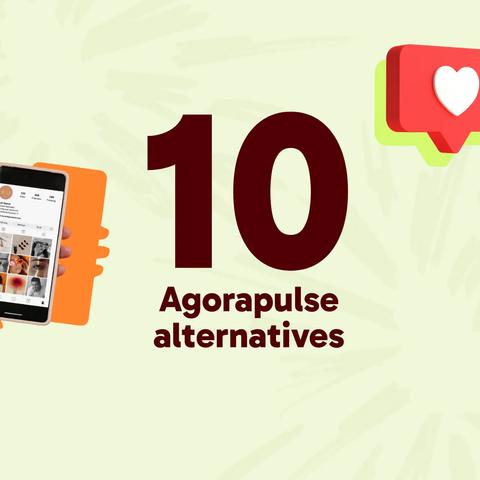 Hand holding a phone showing an Instagram grid, beside a heart notification icon and the number 10