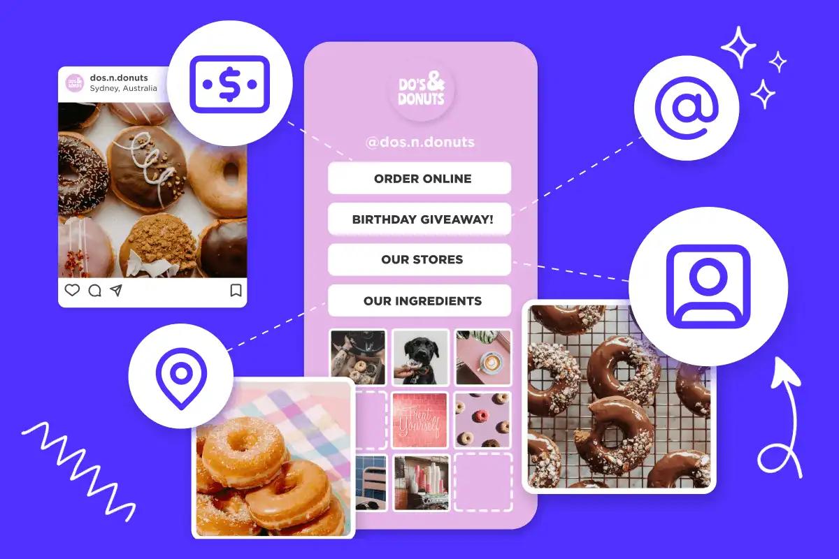 A link-in-bio page for a donut shop with buttons for ordering, giveaway, stores and ingredients