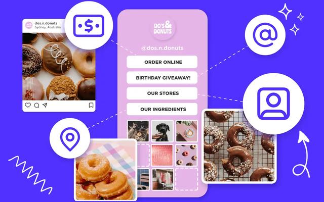 Página de link in bio de una tienda de donuts con botones para pedidos, sorteo, tiendas e ingredientes