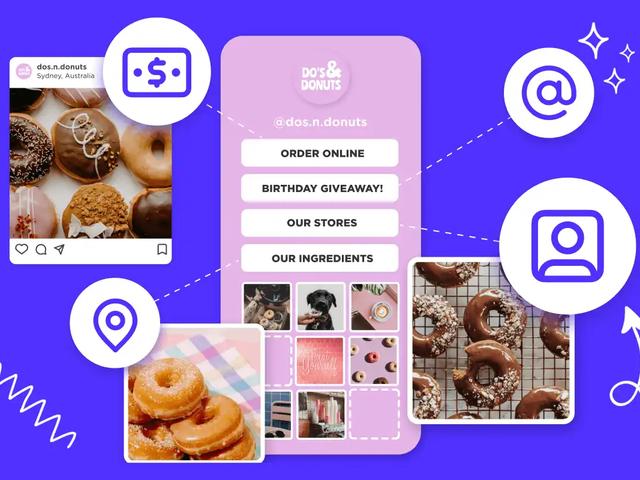Página de link in bio de una tienda de donuts con botones para pedidos, sorteo, tiendas e ingredientes