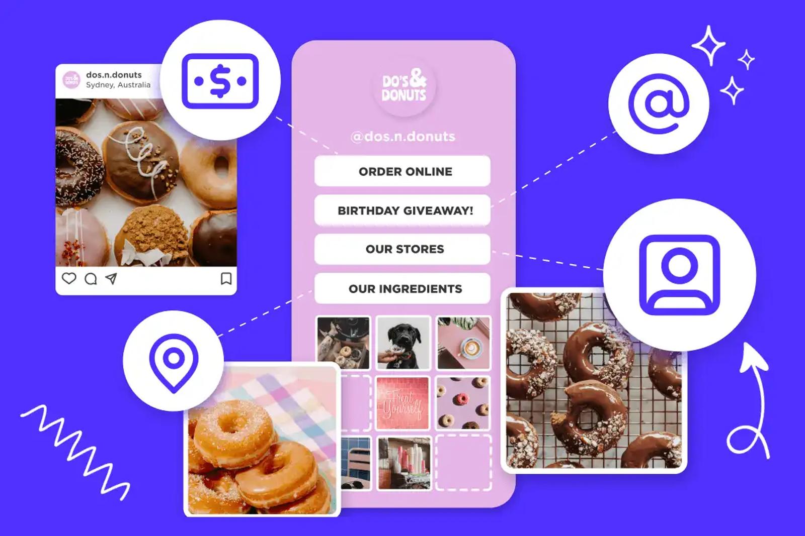 A link-in-bio page for a donut shop with buttons for ordering, giveaway, stores and ingredients