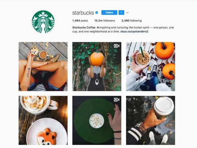 Starbucks Instagram profile showing follower count and a grid of autumn-themed coffee and pumpkin photos