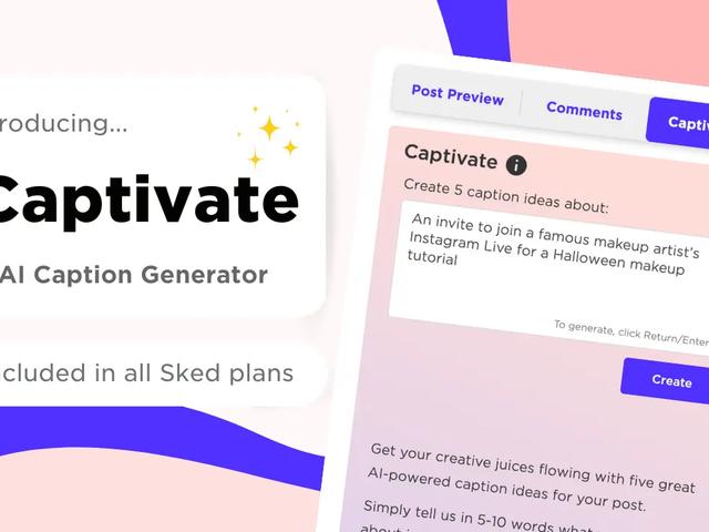 Sked Social's Captivate panel showing a prompt field to generate caption ideas for a post
