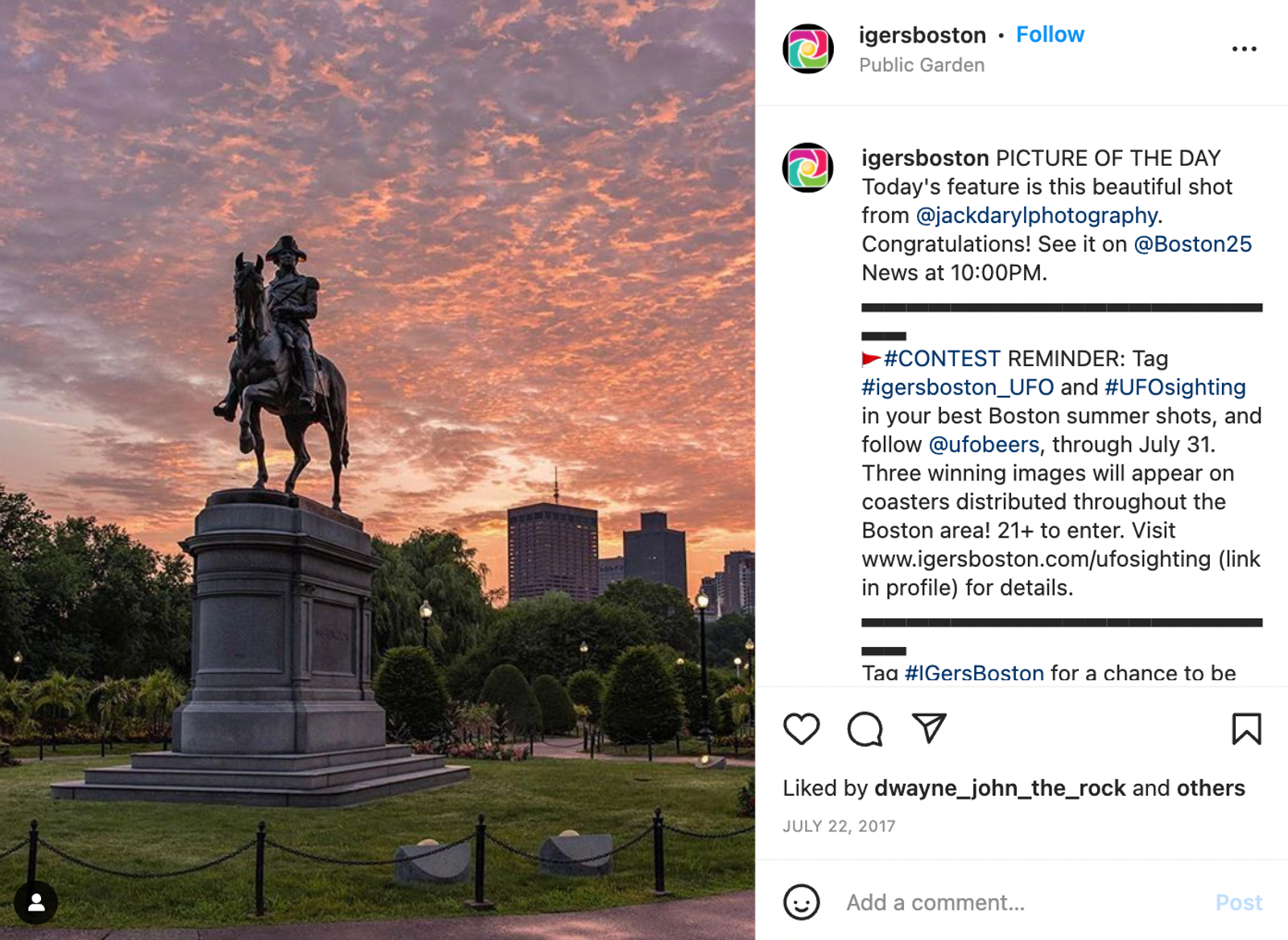 Publicación de Instagram de igersboston con una estatua ecuestre en un parque al atardecer y un texto sobre un sorteo.