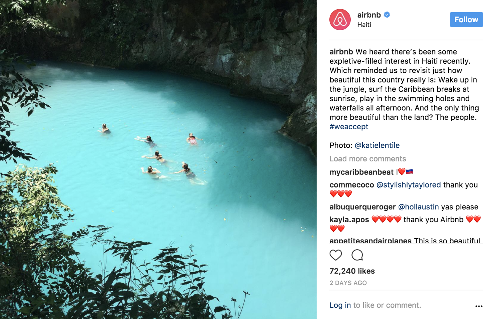 Publicación de Instagram de Airbnb con personas nadando en una laguna turquesa en Haití, con texto y comentarios.