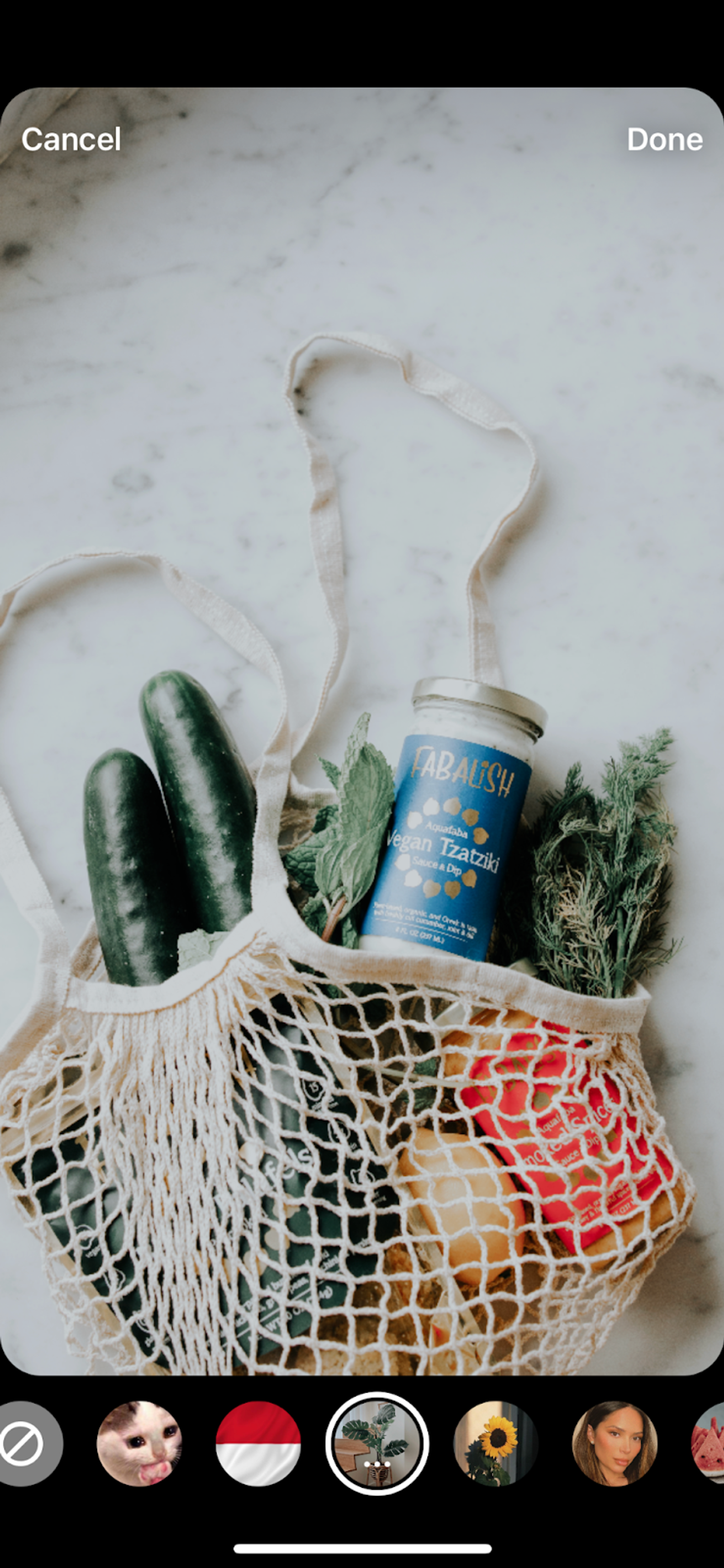 Instagram Story editor showing a photo of a mesh grocery bag with vegetables, plus filter selection icons below.