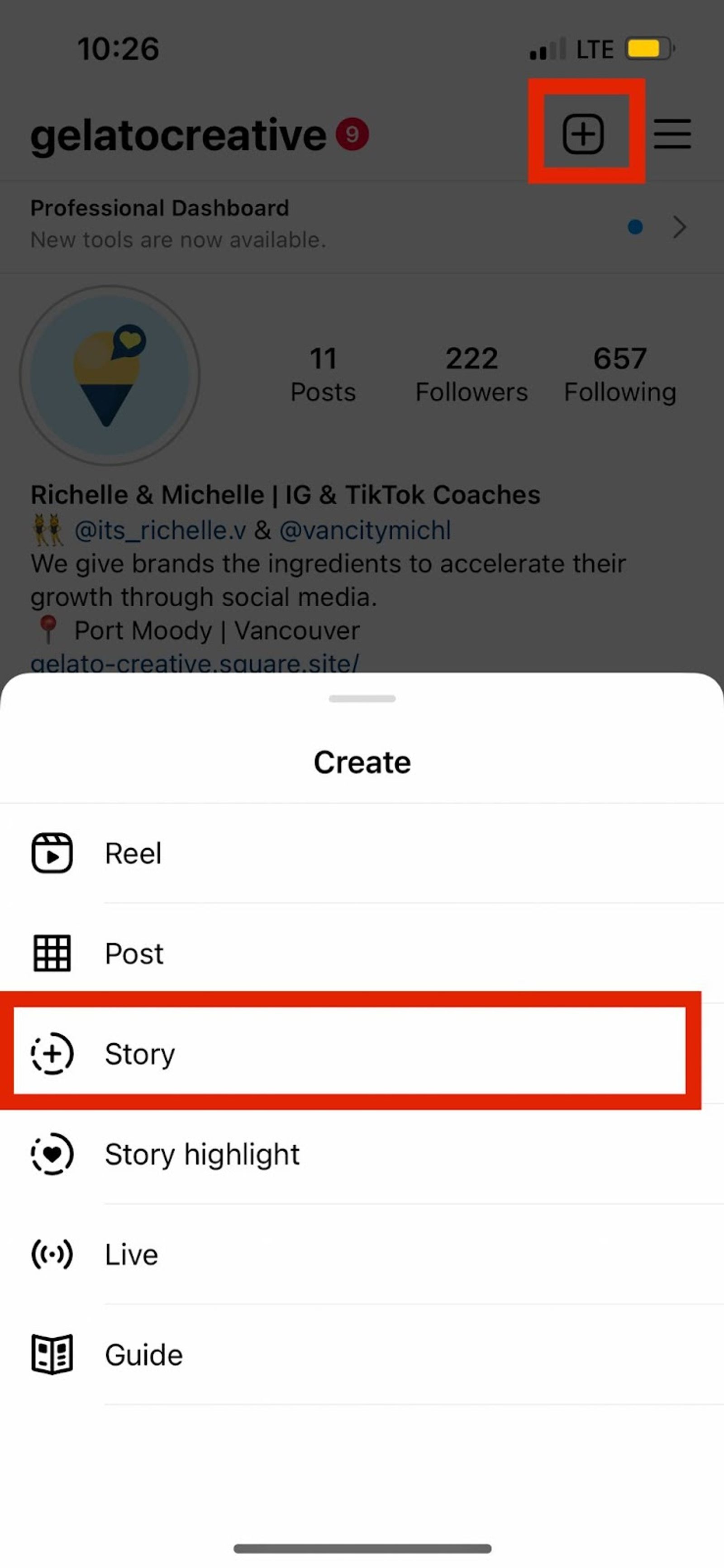 Instagram app profile with the plus button highlighted and the Create menu open, Story option outlined.
