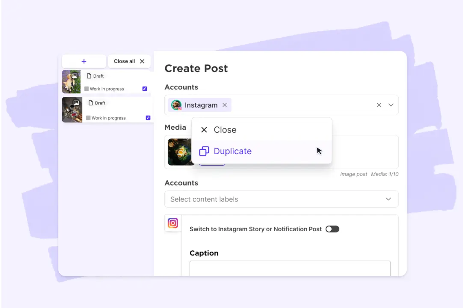 Sked Social create post panel with draft list and a duplicate option menu open