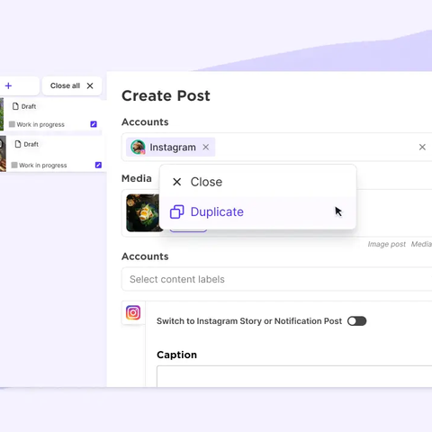 Sked Social create post panel with draft list and a duplicate option menu open