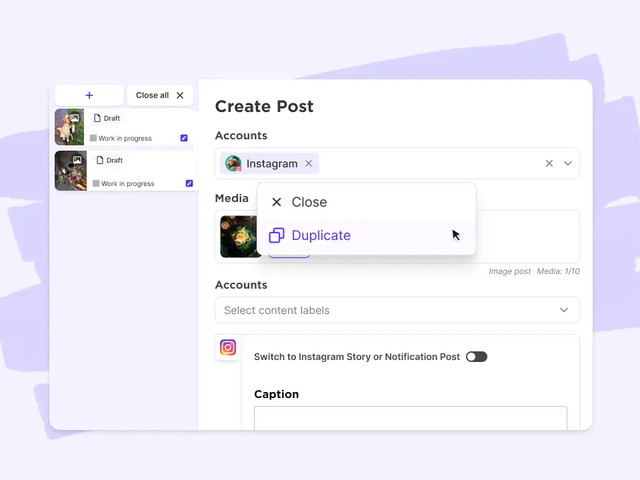 Sked Social create post panel with draft list and a duplicate option menu open