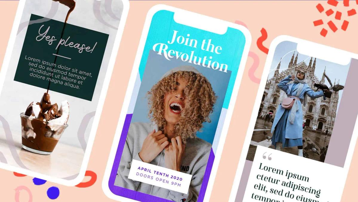Three phone mockups showing Instagram Story templates with text overlays and photos