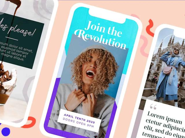 Tres pantallas de teléfono con ejemplos de historias de Instagram con texto e imágenes