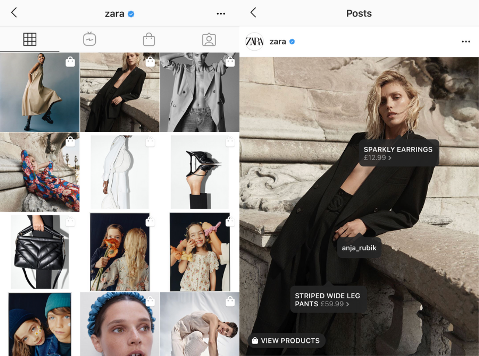 Función de etiquetado en Instagram utilizada por Zara