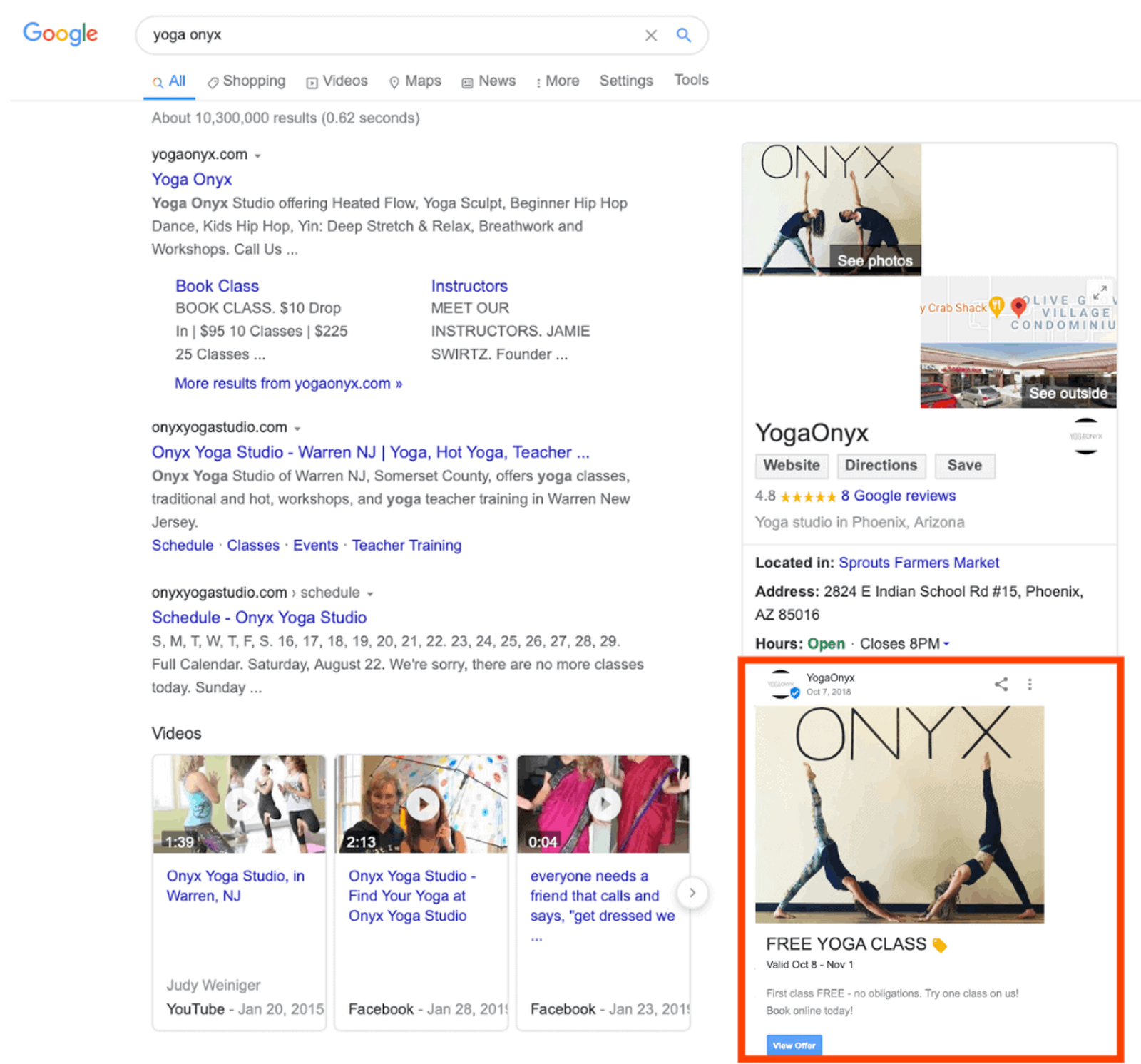 Resultados de Google con un panel de negocio y una publicación de Google Business Profile destacada.