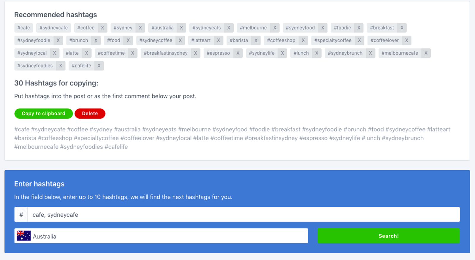 Tagsfinder sugiriendo hashtags