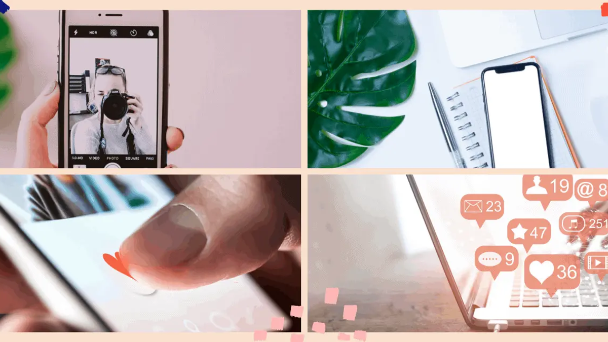 Four-panel collage. Top left: hand holding phone, taking selfie. Top right: phone, coffee, plant, notebook. Bottom left: finger tapping phone screen. Bottom