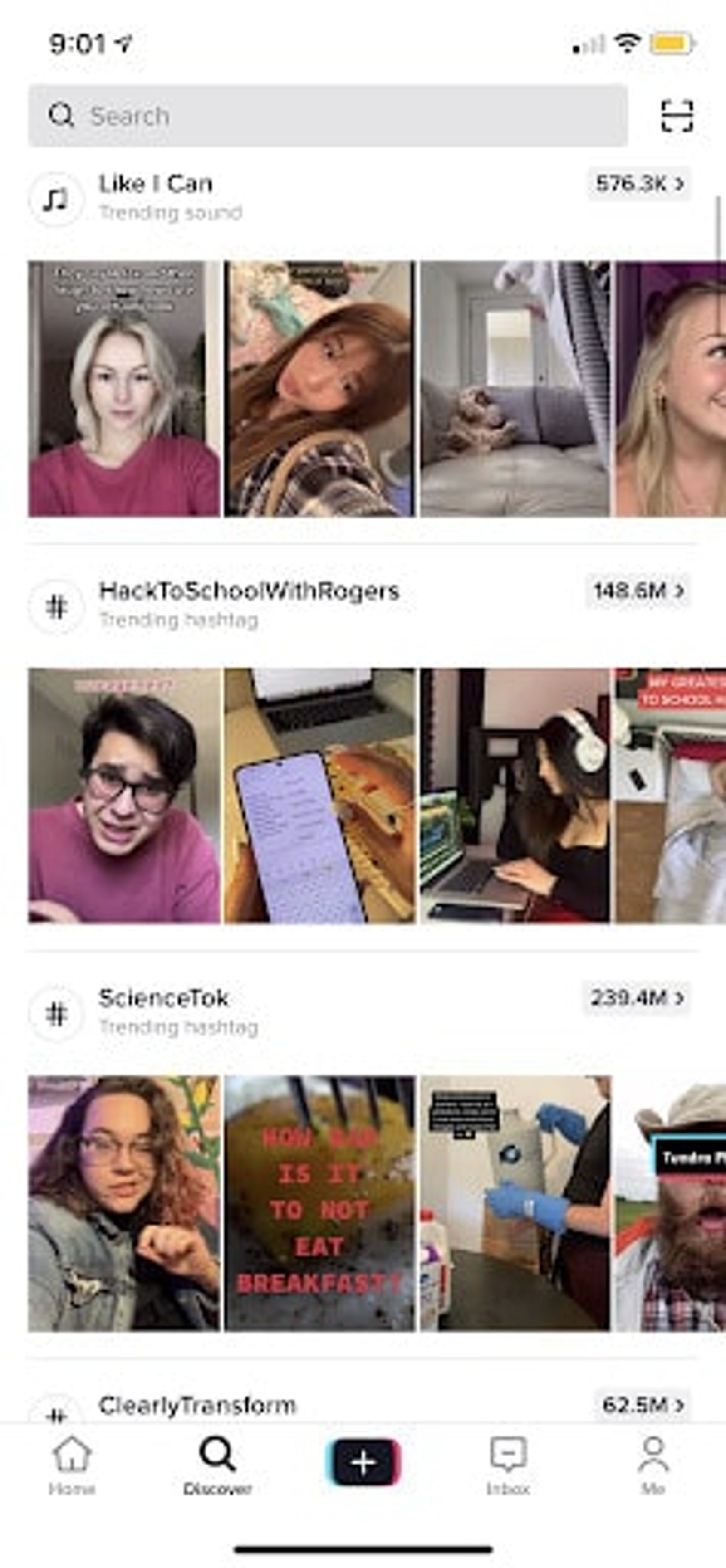 TikTok discover page featuring the latest trending videos