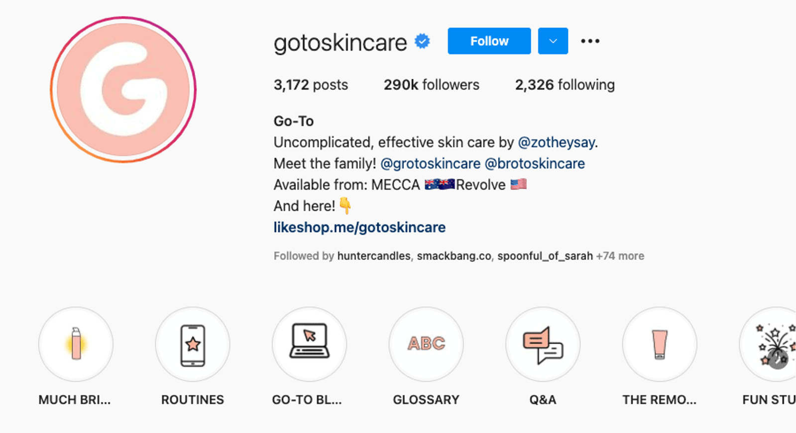 Biografía de Instagram de Go To Skincare